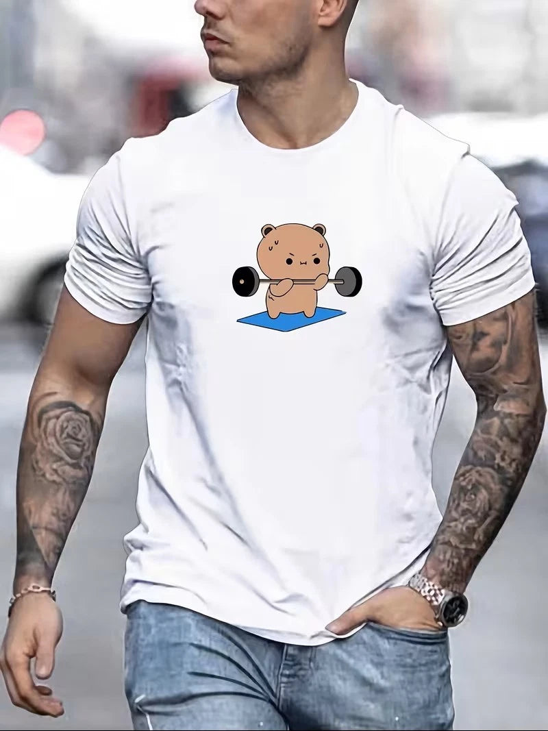 Men Bubu Dudu Cute Cartoon Bear Weightlifting Graphic Cotton T-Shirt Casual Tee