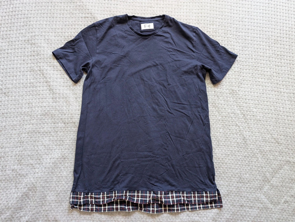 FxH Shirt Mens XL Navy Blue Plaid Hem Longline Streetwear Made USA Cotton Tee