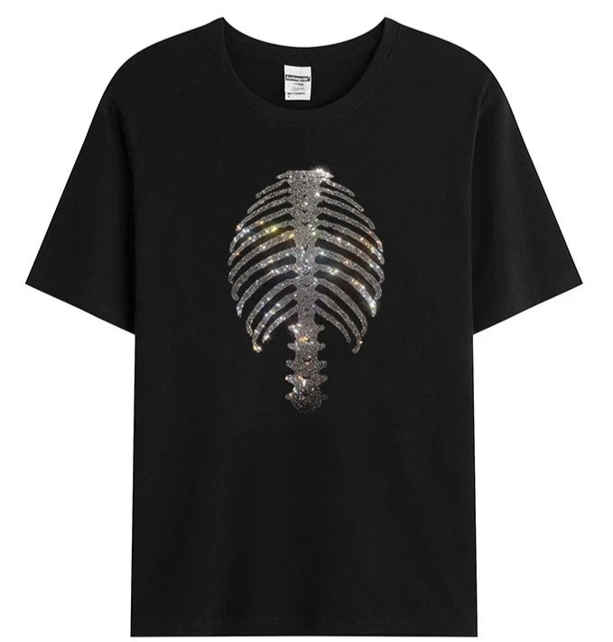 New Men Luxury Diamond Xray Chest Rhinestones Fashion Black T-Shirt High Quality