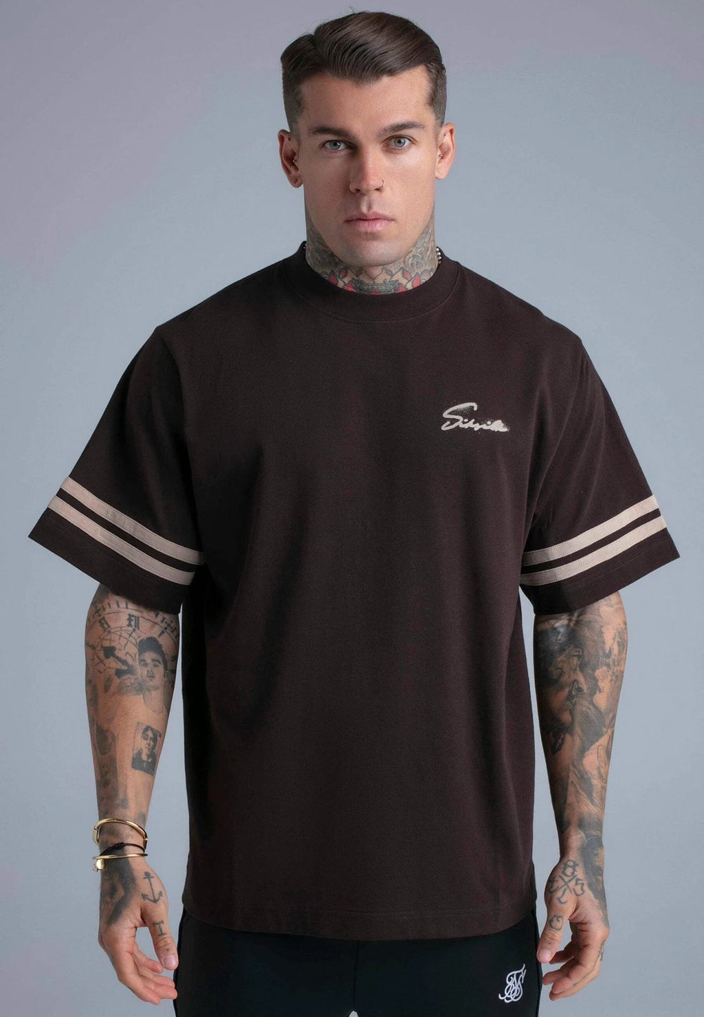 SikSilk Men's Short Sleeved Oversized Crew Neck Script T-Shirt Tee Brown