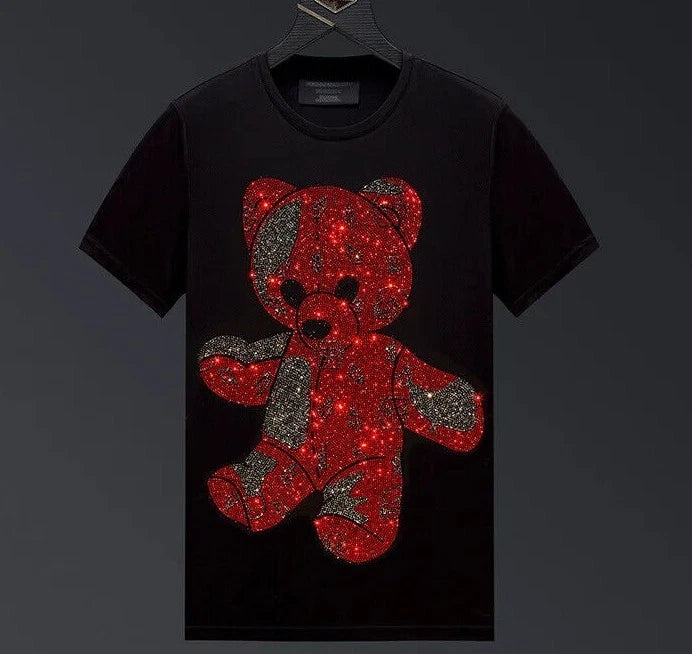 New Men Fashion Diamond Bear Rhinestones Luxury Black T-Shirt High Quality
