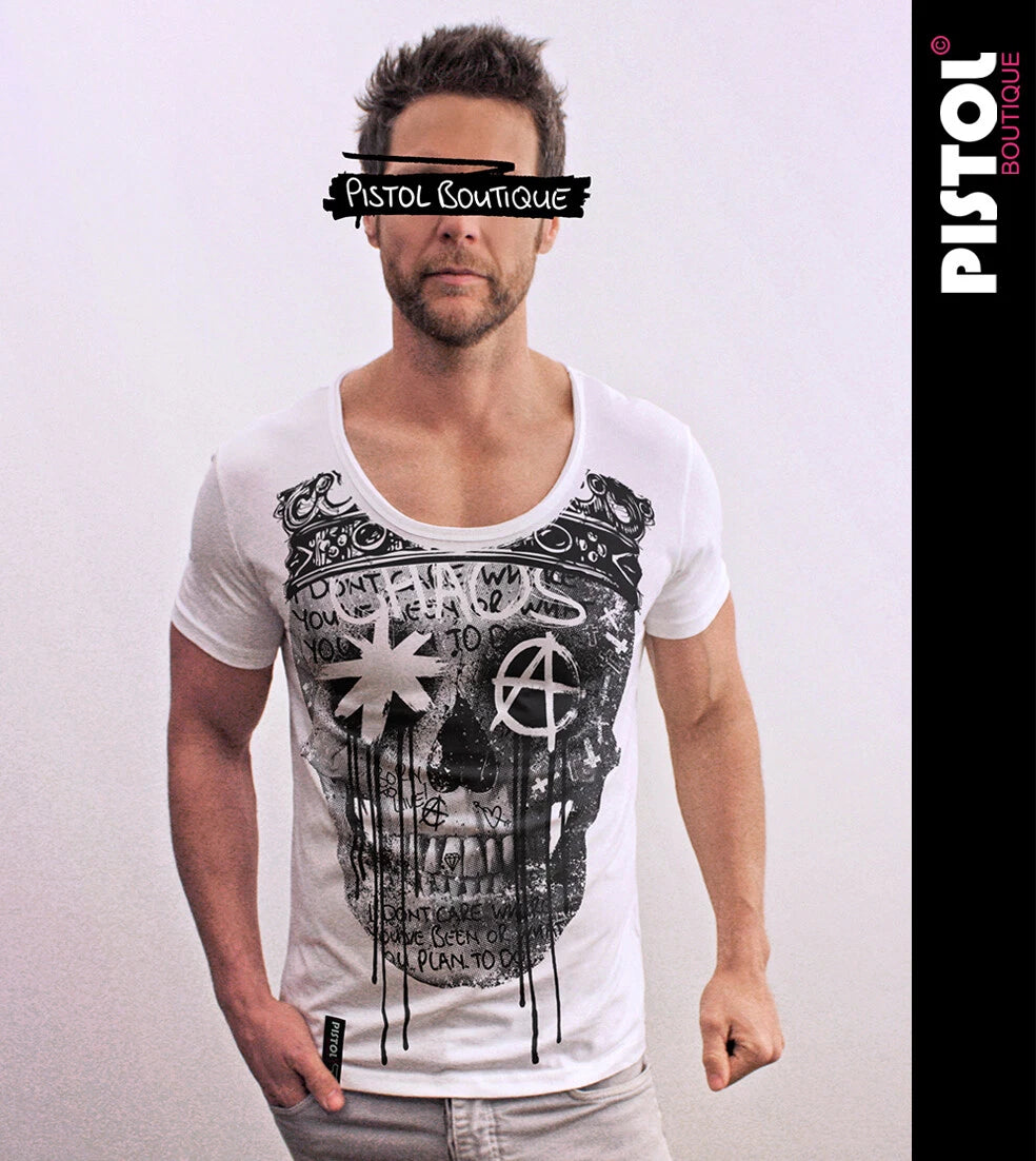 Pistol Boutique T-Shirt Uomo Fitted Bianco Girocollo Graffiti Skull Crown
