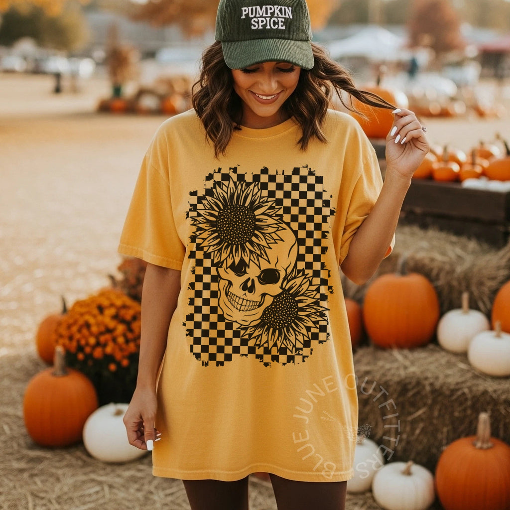 Sunflower Skull T-Shirt Retro Checkerboard Graphic Comfort Colors Tee SM-4XL