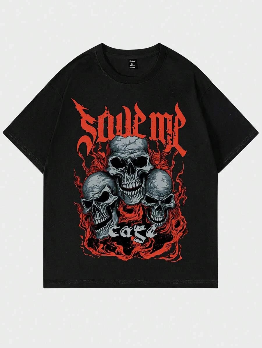 Goth Guys Skull & Letter Graphic Tee – Dark Aesthetic T-Shirt, Edgy Streetwear
