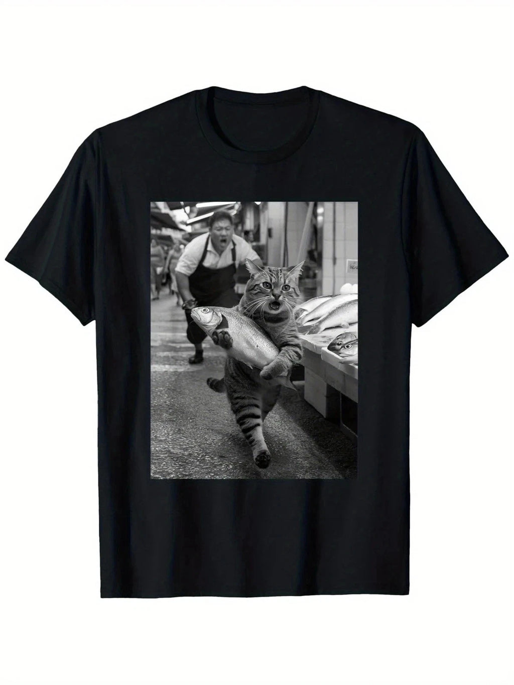 Funny Cat Steals Fish Market Black & White Meme T-Shirt | Unisex | 100% Cotton