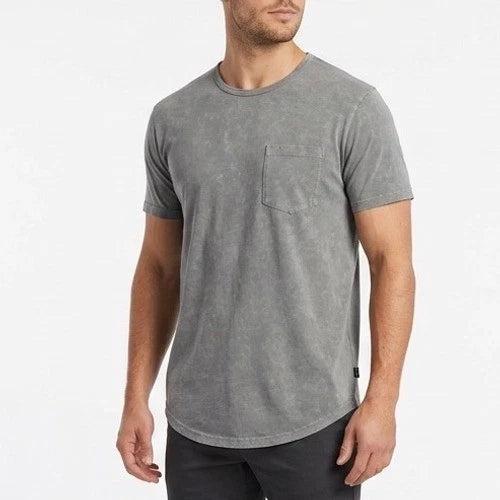 Cuts Elongated T-Shirt Men Gray Short Sleeve Outdoor Wear Front Pocket Crew Neck