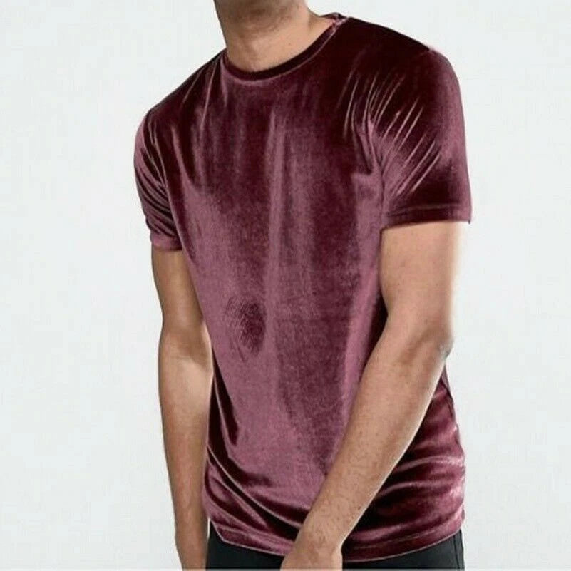 Mens Womens Velvet Short Sleeve T-Shirt Crew Neck Velour Top Tee shirt Retro