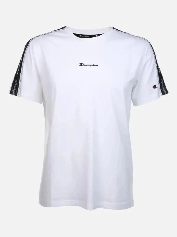 CHAMPION Men's White T-shirt Short Sleeve GALON Stripes Cotton Jersey BNWT