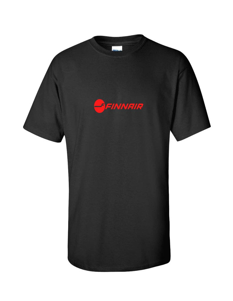 Finnair Red Retro Logo Finland Finnish Airline Black Cotton T-Shirt