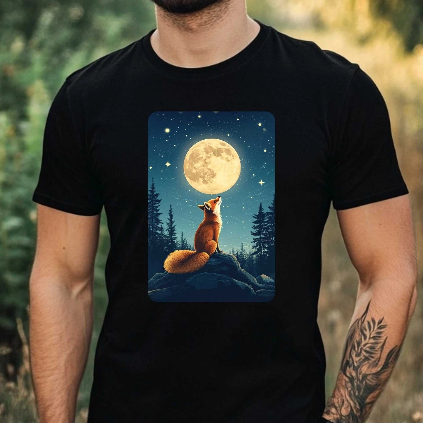 Mens Fox Full Moon Motif Cotton T-Shirt Size XS to 5XL