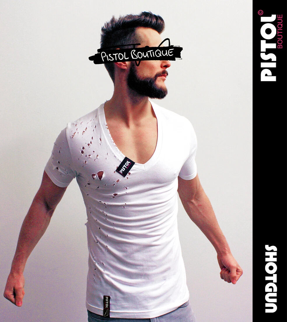Pistol Boutique men's Fitted White Deep V neck SHOTGUN Distressed Holed T-shirt
