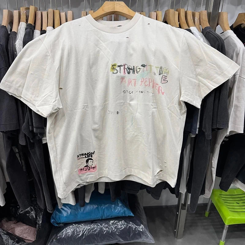 Hollywood Straight Time Art Repper Mens White Crayon Holes Short Sleeve T Shirt