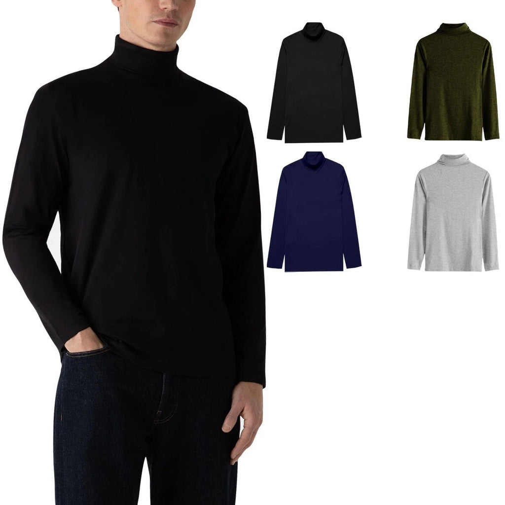 Mens Roll Neck Jumper Cotton Lightweight T-Shirt Long Sleeve Tops Funnel Neck