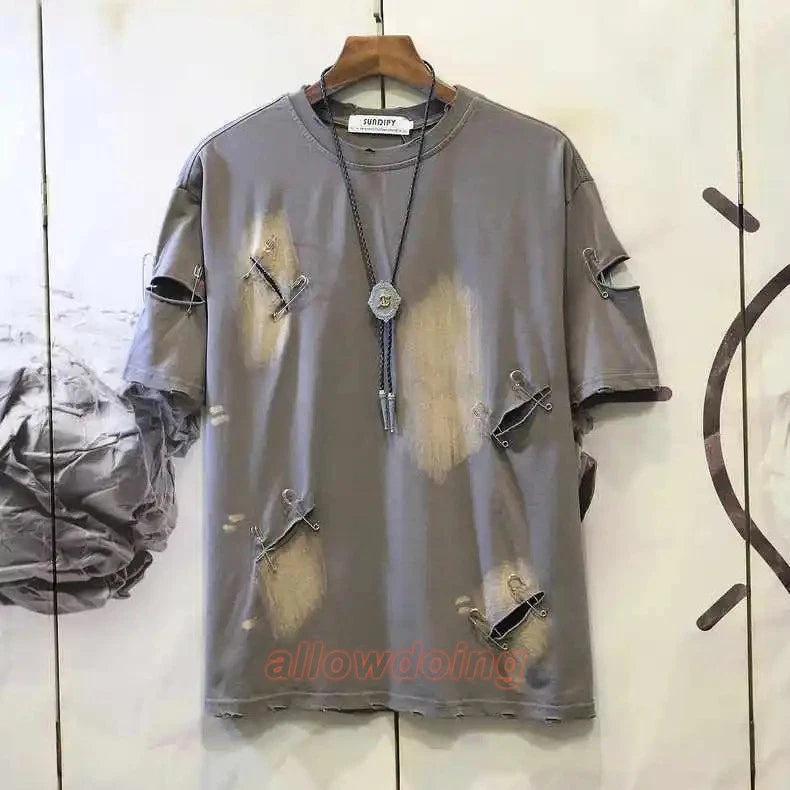 Men's Punk Rock Distressed T-Shirt Safety Pin Hollow Out High Street Hip Hop Top