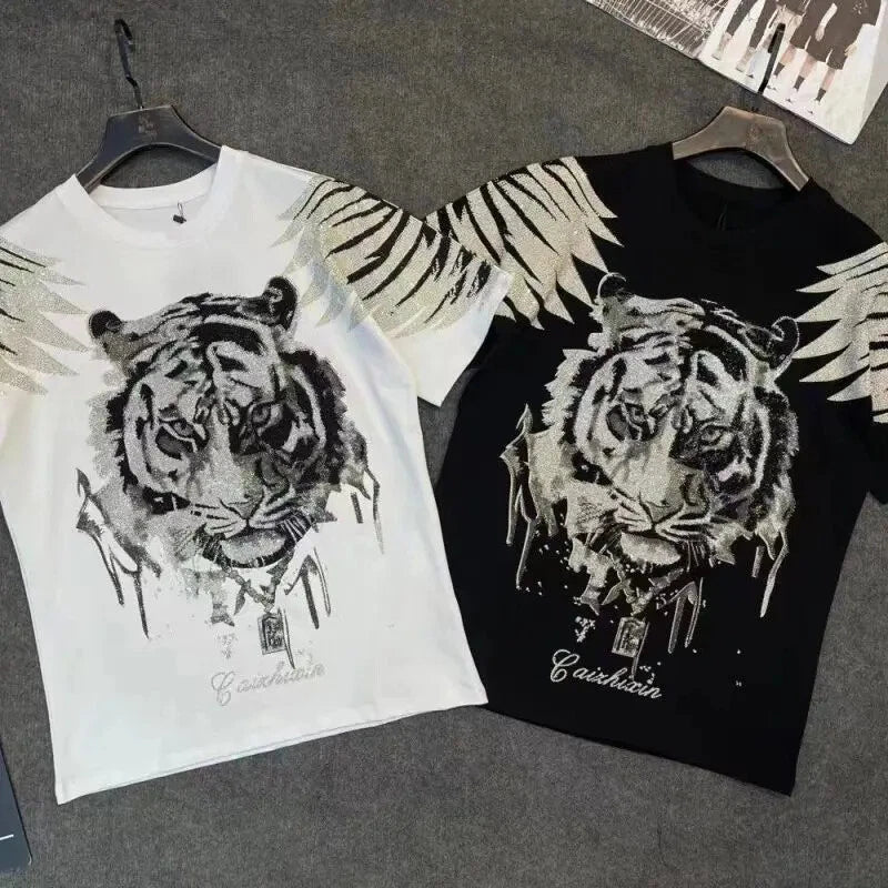 New Men Luxury Tiger Rhinestones Fashion Black White T-Shirt High Quality
