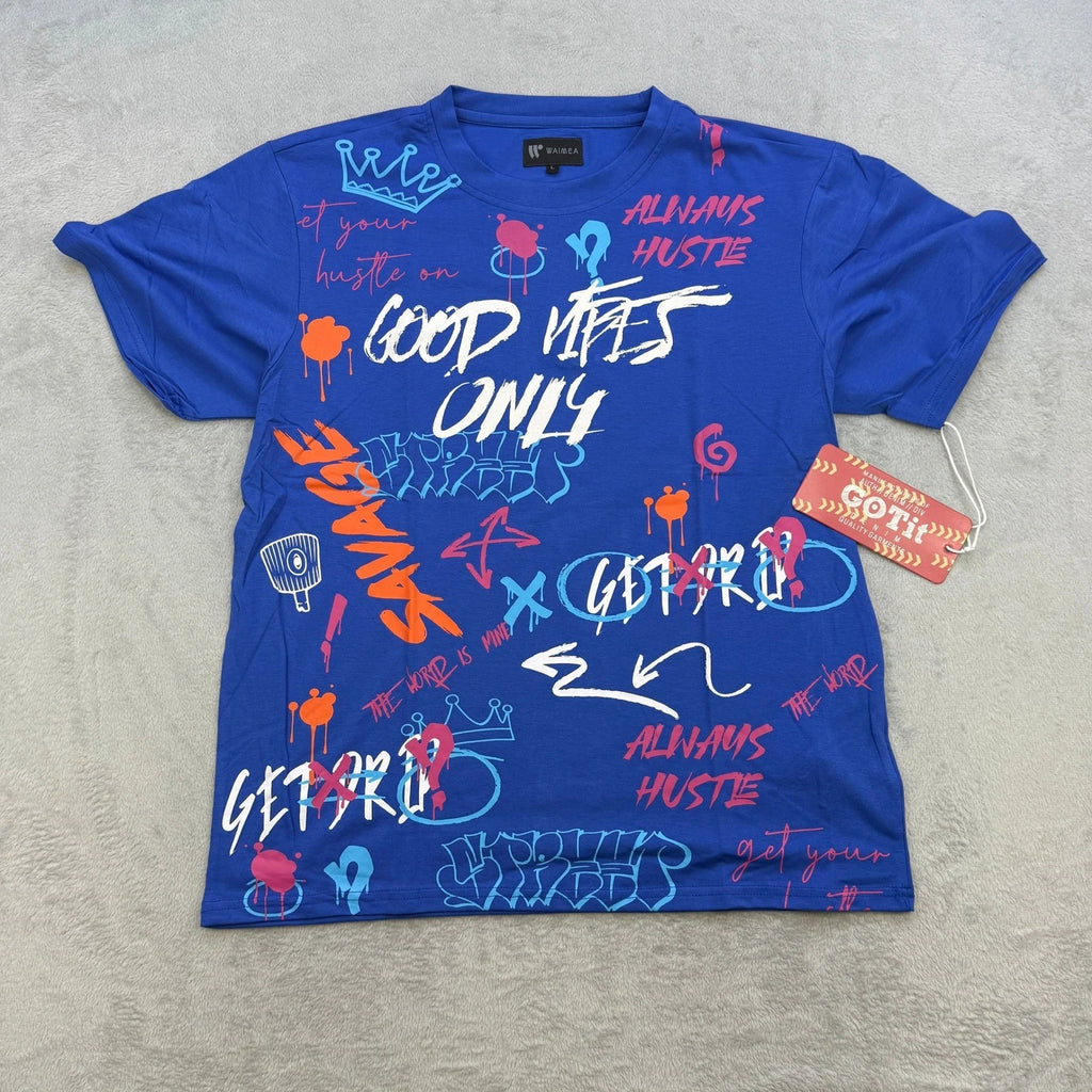 Waimea T Shirt Mens Large Blue Graffiti Good Vibes Only Savage Streetwear Tee