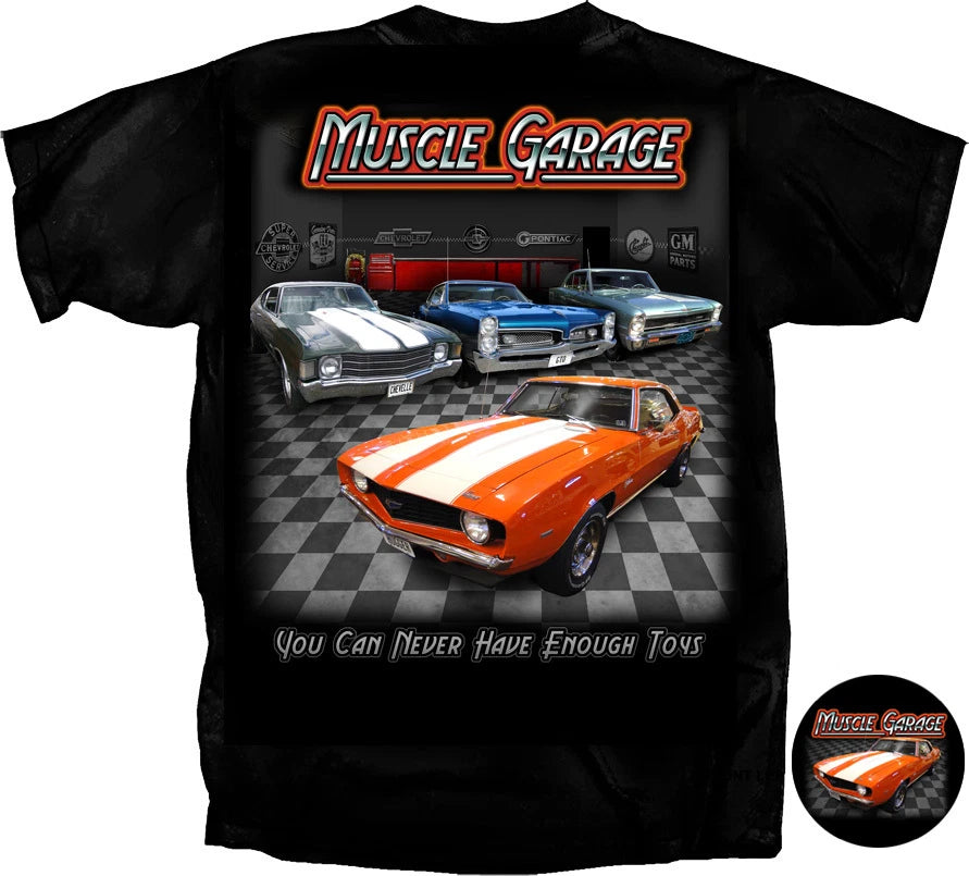 MUSCLE GARAGE T-SHIRT CAMARO GTO GM TEE T-SHIRT AMERICAN  MUSCLE CARS