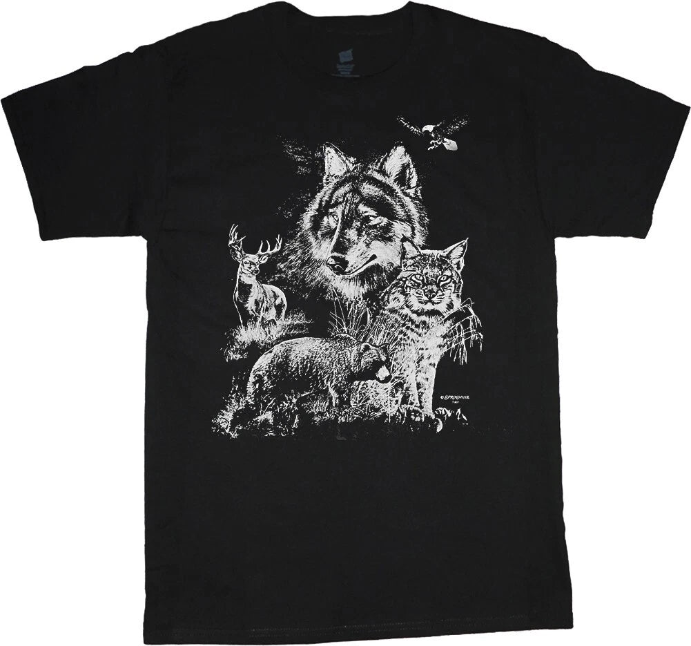 Mountain Wildlife Scene Bear Eagle Deer Bobcat T-shirt Mens Graphic Tees Gifts