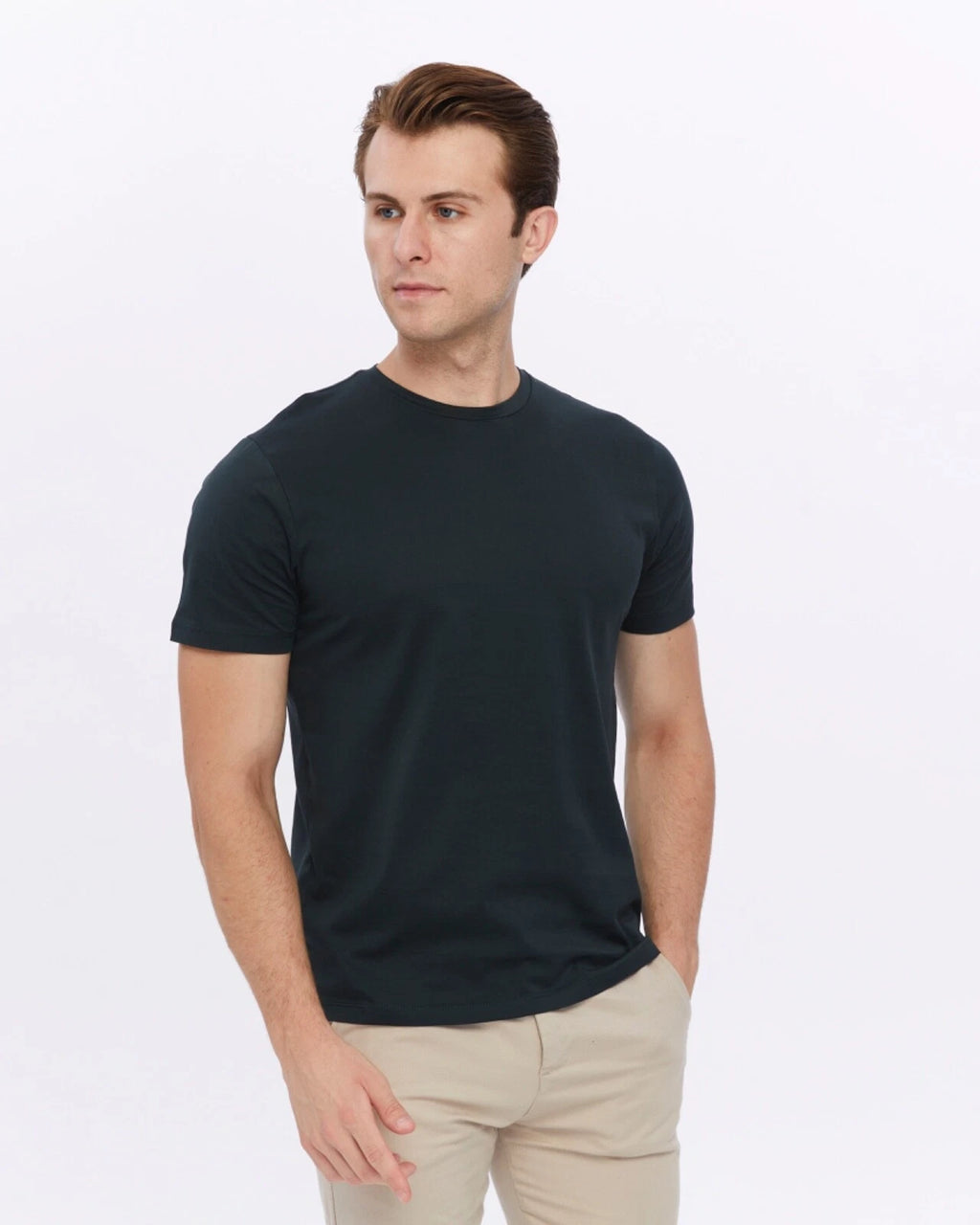 REISS Mens Dark Emerald Mercerised Cotton T-Shirt Designer Crew Neck Tee Top
