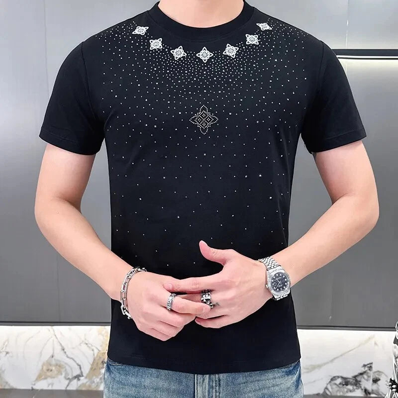 New Men Luxury Diamond Rhinestones Black White T-Shirt High Quality