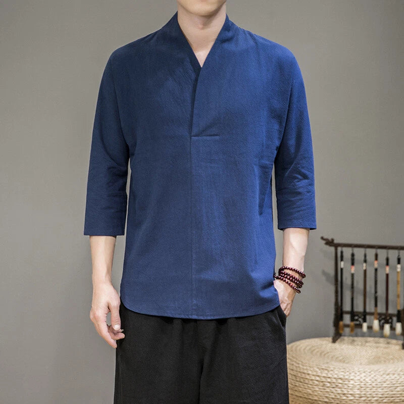 Men's Summer Cotton Linen Short Sleeve Tops V Neck Chinese T-Shirt Ancient Hanfu