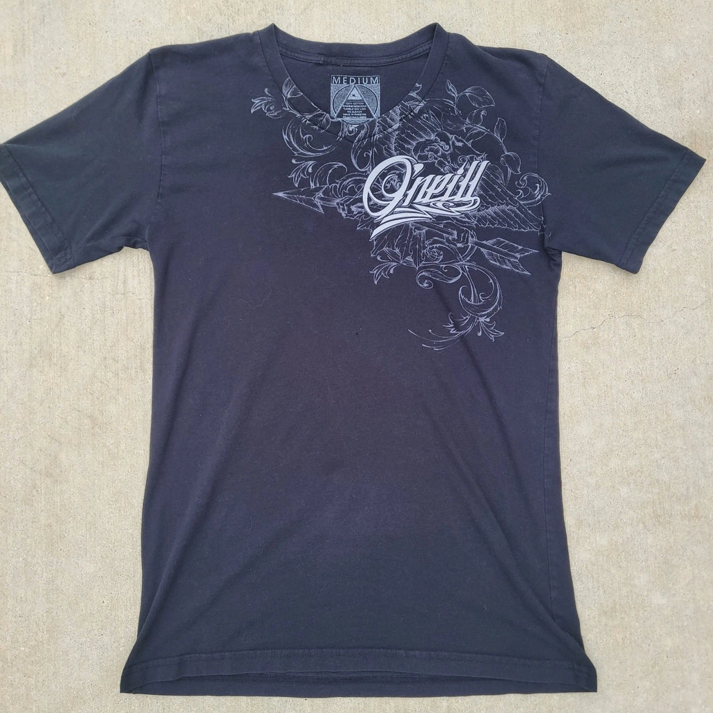Y2K Oneill Mens V Neck T-Shirt Black Medium Short Sleeve Crew Neck Surf Wear