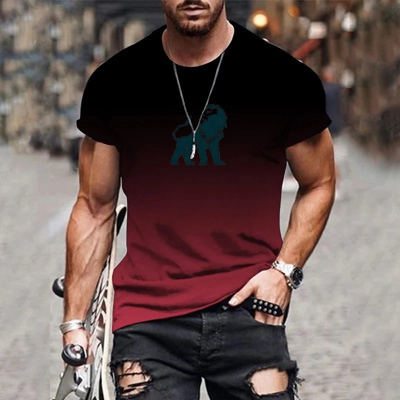 ​Mens T-Shirt Gradient Lion Print Short Sleeve Shirt Ombre Crewneck Streetwear