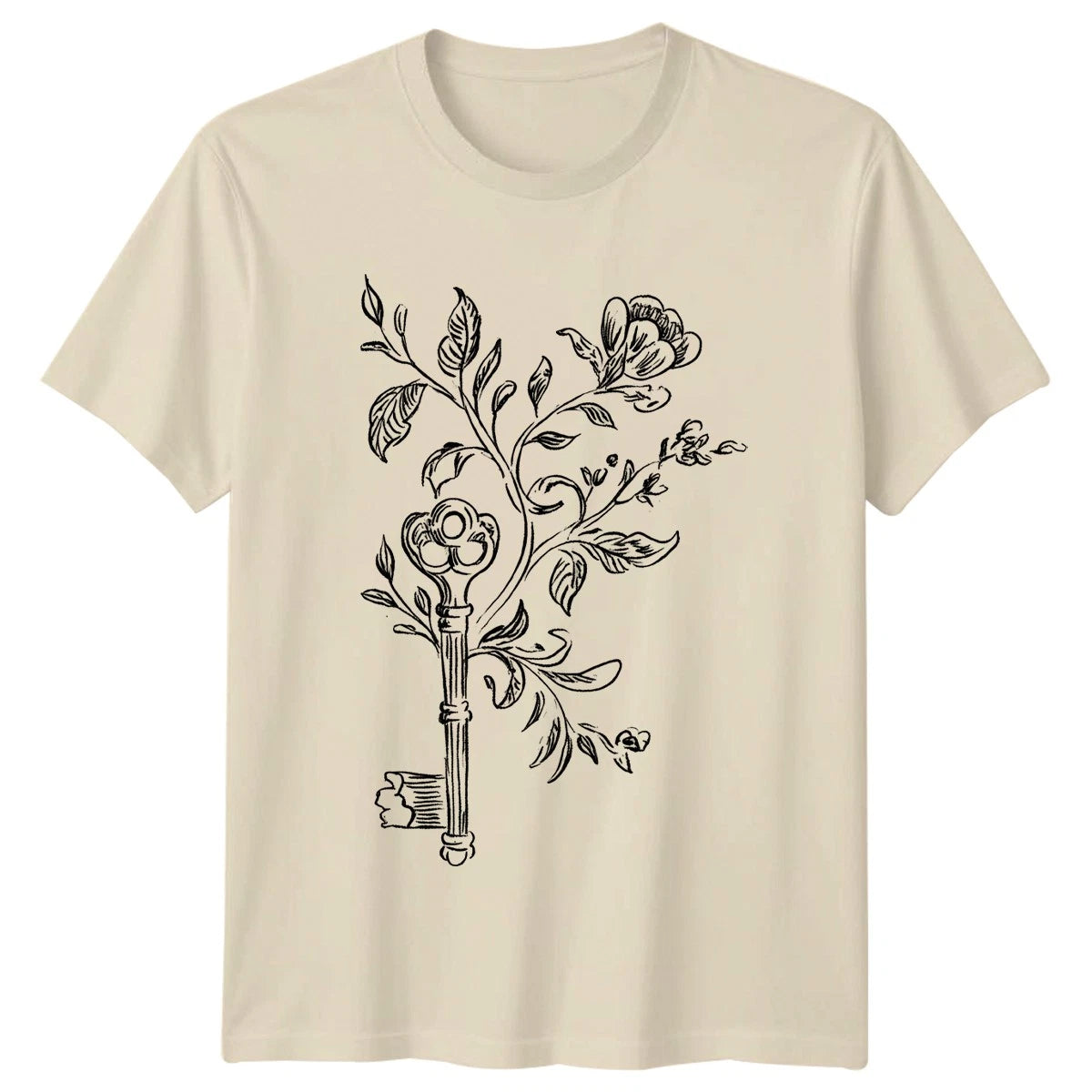 Vintage Ornate Skeleton Key Floral Drawing T-Shirt Victorian Etching Style