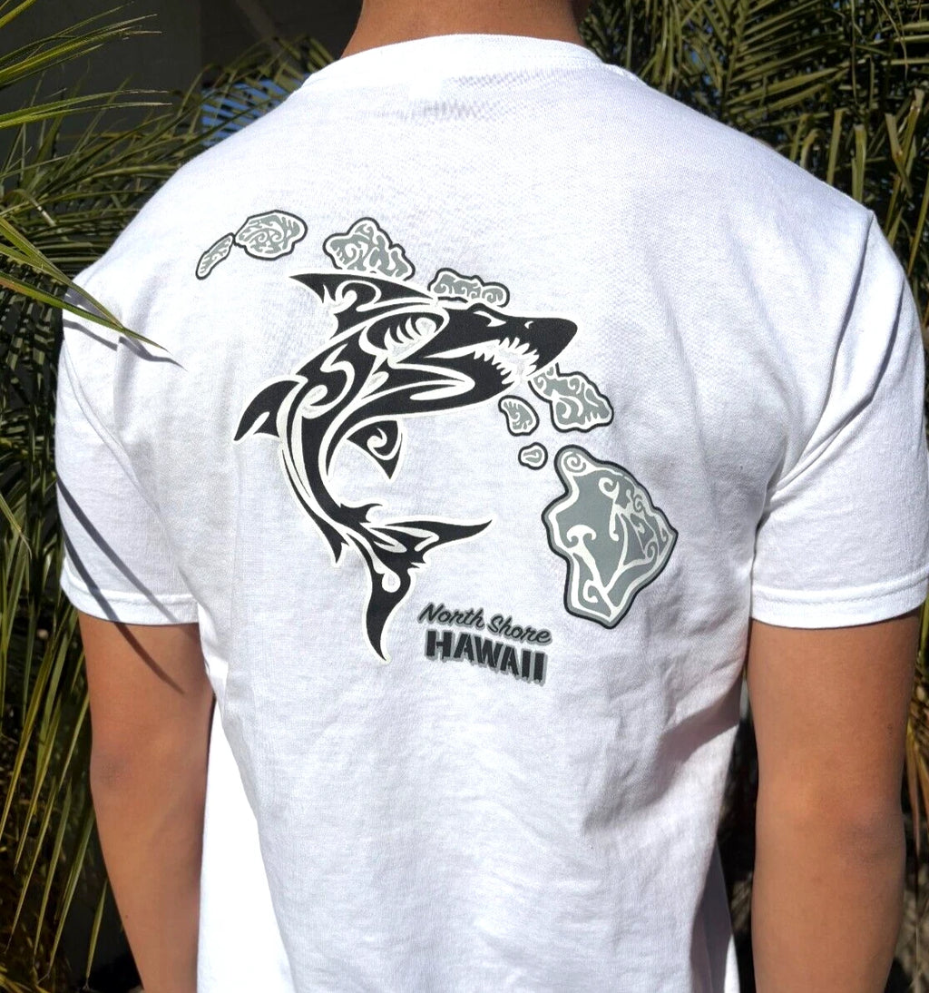 Hawaiian Design Surfing Beach White T-shirt Tribal Shark Island Chain Map
