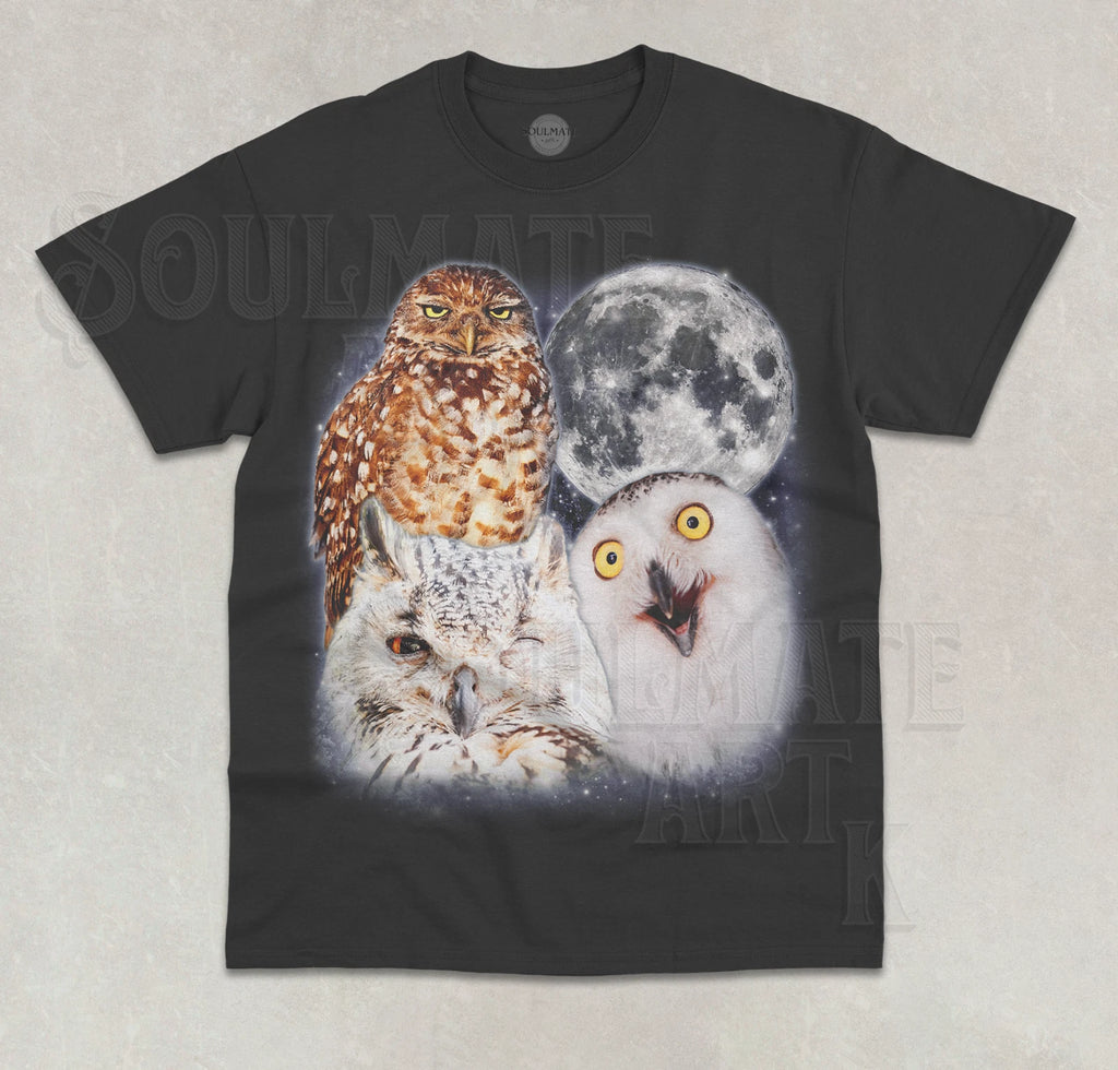 Three Owls Moon T-Shirt Funny Owl Animal Lover Cute Meme Graphic Unisex Shirt