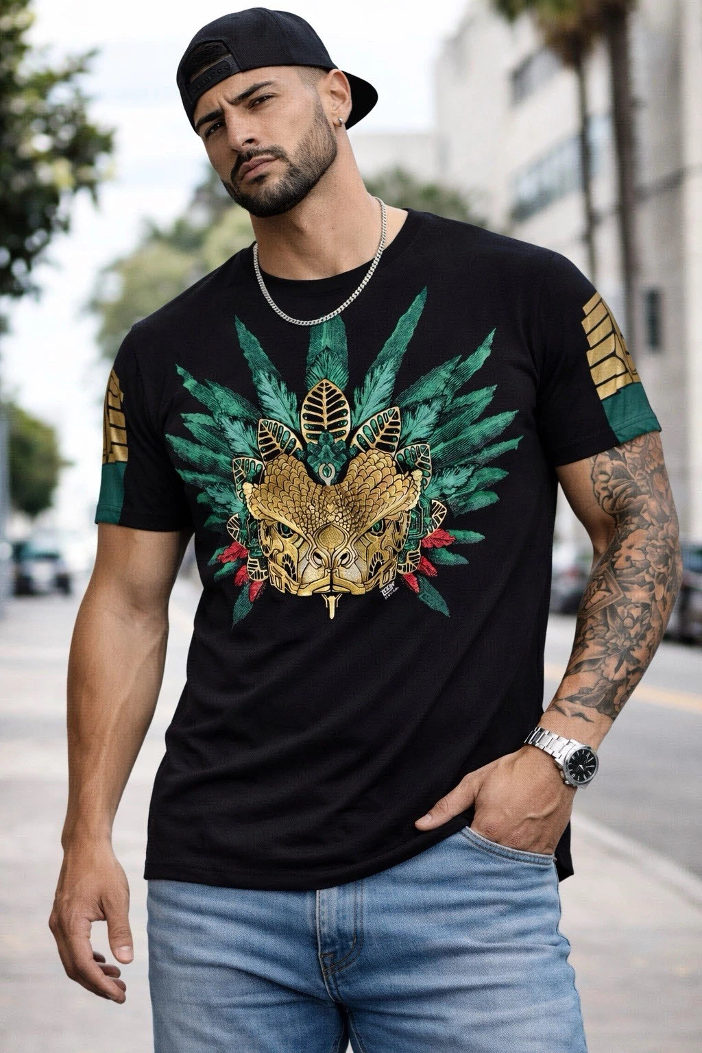 Namor Inspired Aztec Warrior Graphic Shirt Black Gold Sleeve Print Men’s L