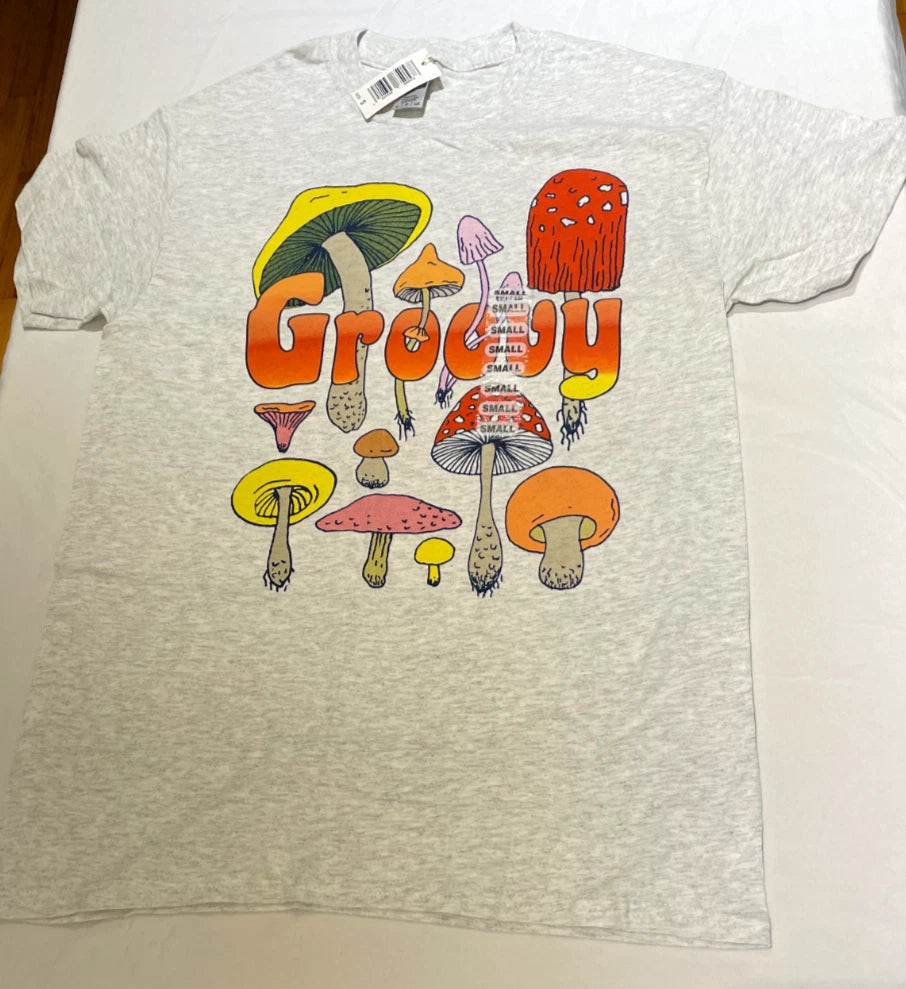 Groovy Mushrooms T-Shirt , Cool Multi Color Graphic on Gray