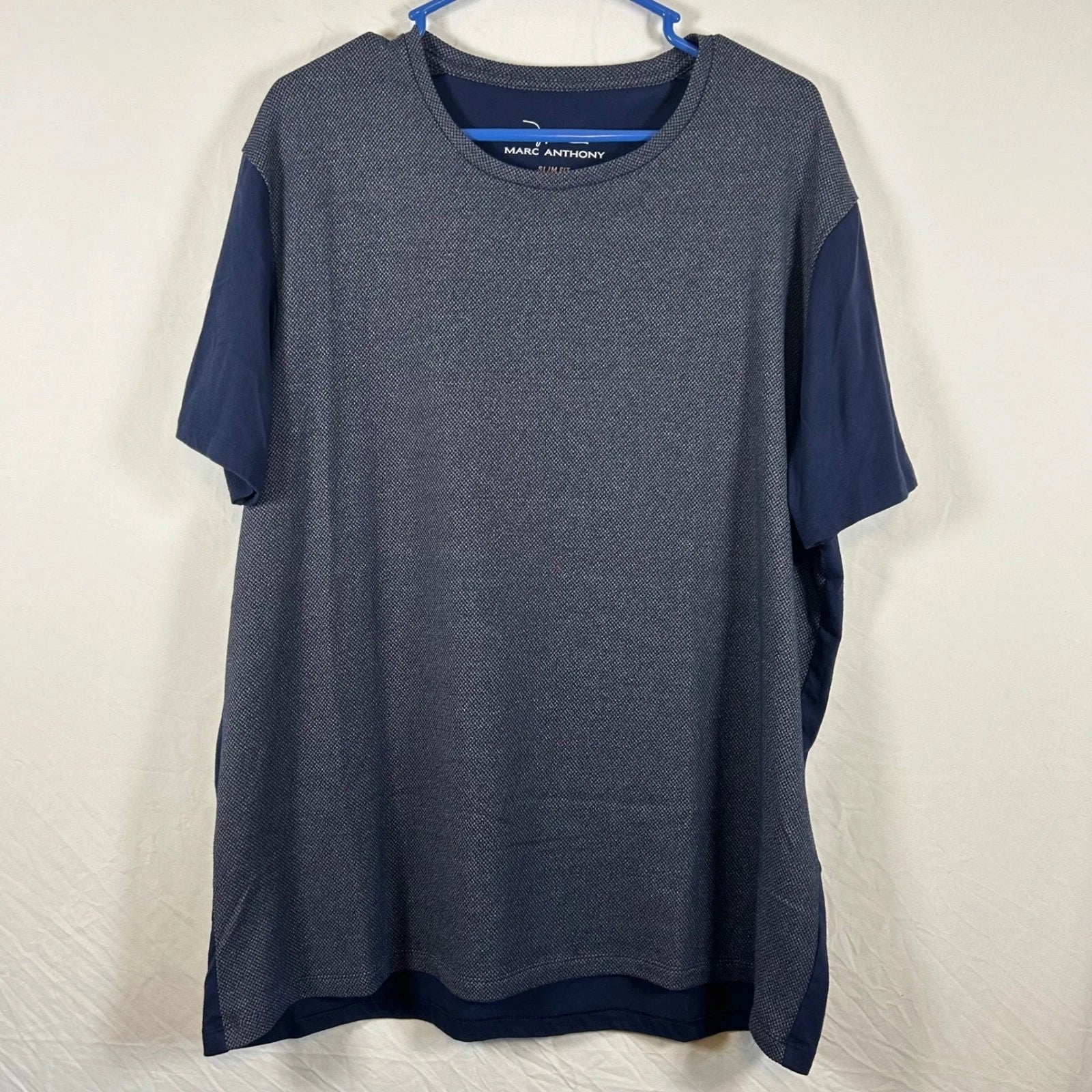 Marc Anthony Mens XXL Slim Fit Navy Blue Textured Mixed Media Short Sleeve Shirt