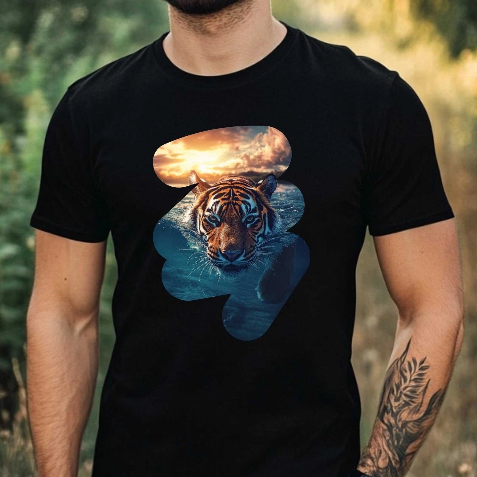 Mens Tiger Swimming In The Sea Motif Cotton T-Shirt Size XS to 5XL