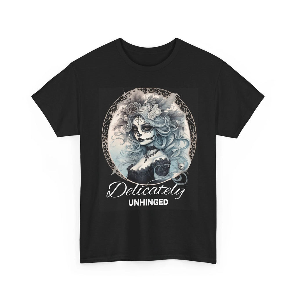 Delicately Unhinged Gothic T-Shirt – Gray Design on Black Tee