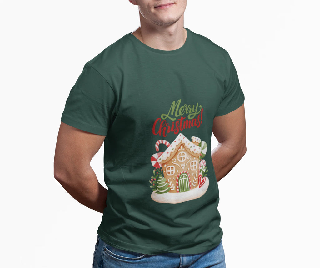 Merry Christmas Gingerbread House Tee, Holiday T-Shirt, Unisex Cotton Gift