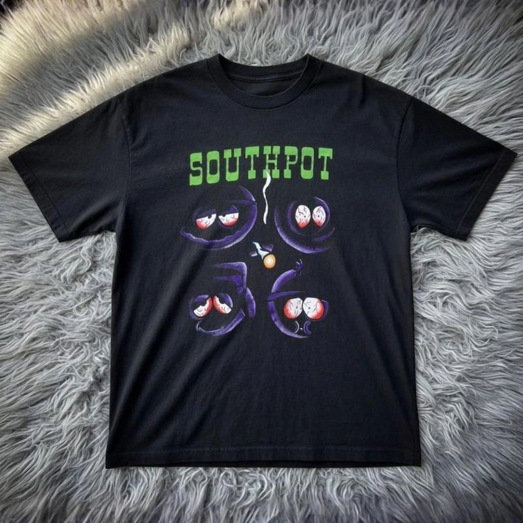 Southpot Smoking Purple Eyes Graphic Tee - Black Oversized Cartoon Streetwear Sh