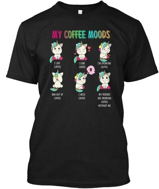 My Coffee Moods Funny Unicorn T-Shirt Made in the USA Size S to 5XL
