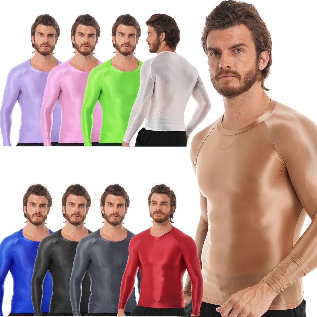 Mens Shiny Oil Long Sleeve T-Shirt Sports Tops Yoga Compression Workout Shirts