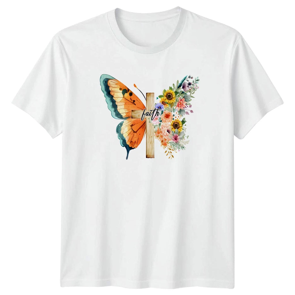 Faith Womens T-Shirt Floral Butterfly Christian Birthday Gift For Her