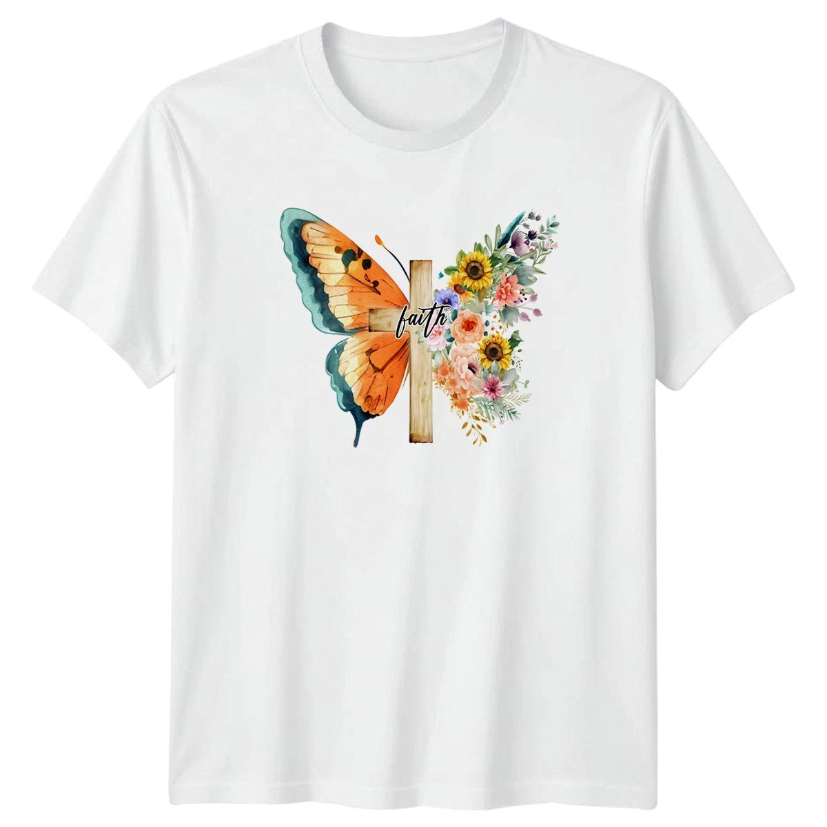 Faith Womens T-Shirt Floral Butterfly Christian Birthday Gift For Her