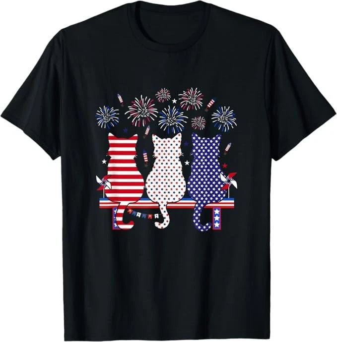 Red Blue White Three Cute Cats 4th of July US Flag Lover T-Shirt