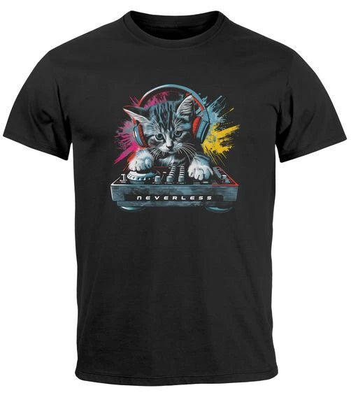 Mens T-Shirt Techno DJ Cat Electronic Music Rave Festival Print Shirt