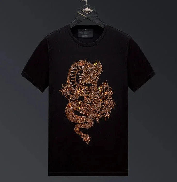 New Men Luxury Rhinestones Dragon Fashion Black White Red T-Shirt High Quality