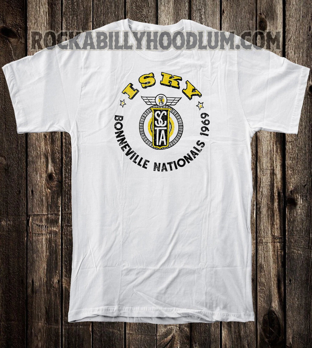 Retro Hot Rod Tee T Shirt Drag Race Racing Isky Cams Bonneville 1969 SCTA