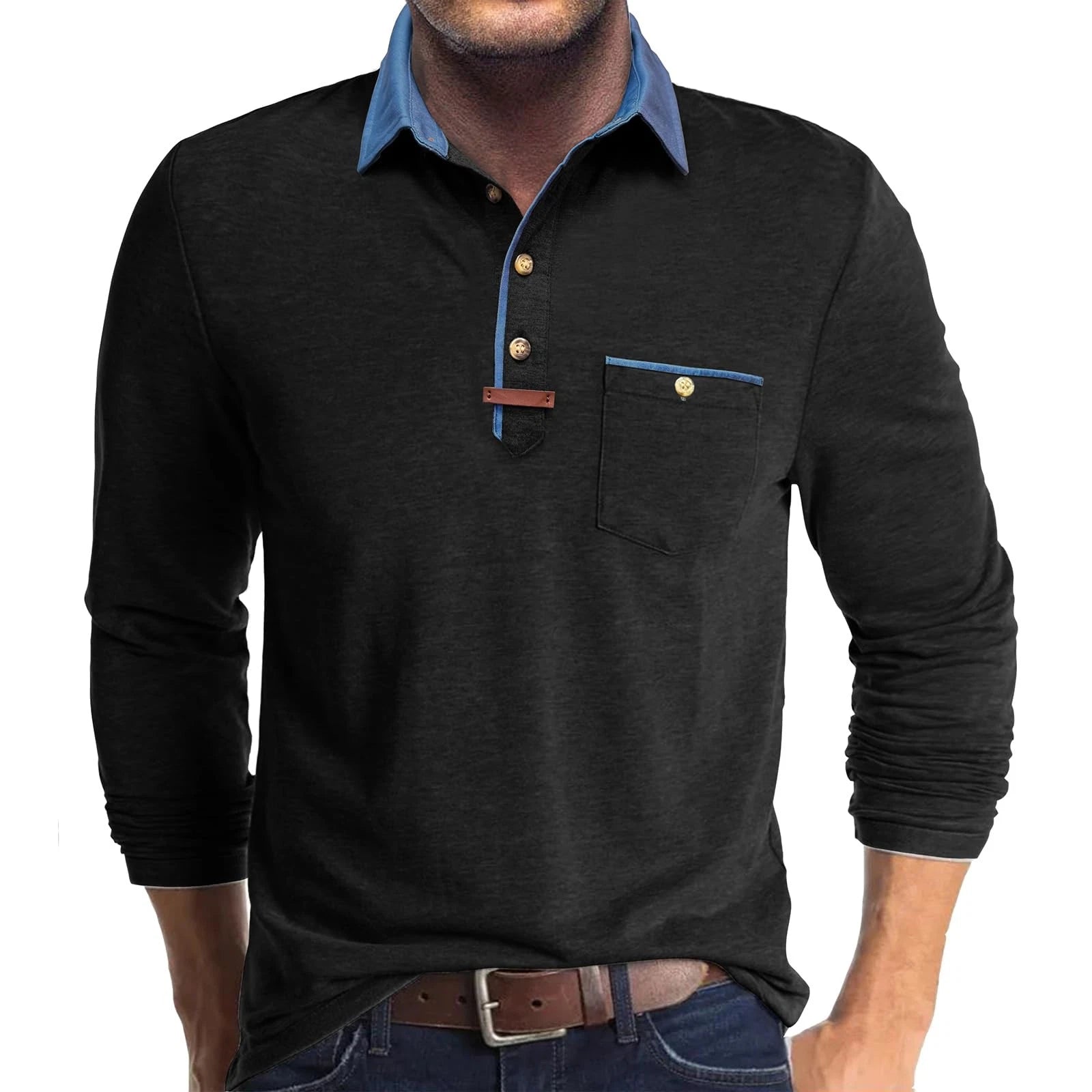 Polo Shirt Mens Long Sleeve Contrast Colour Lightweight Long Sleeve Shirt with Pocket Polo...
