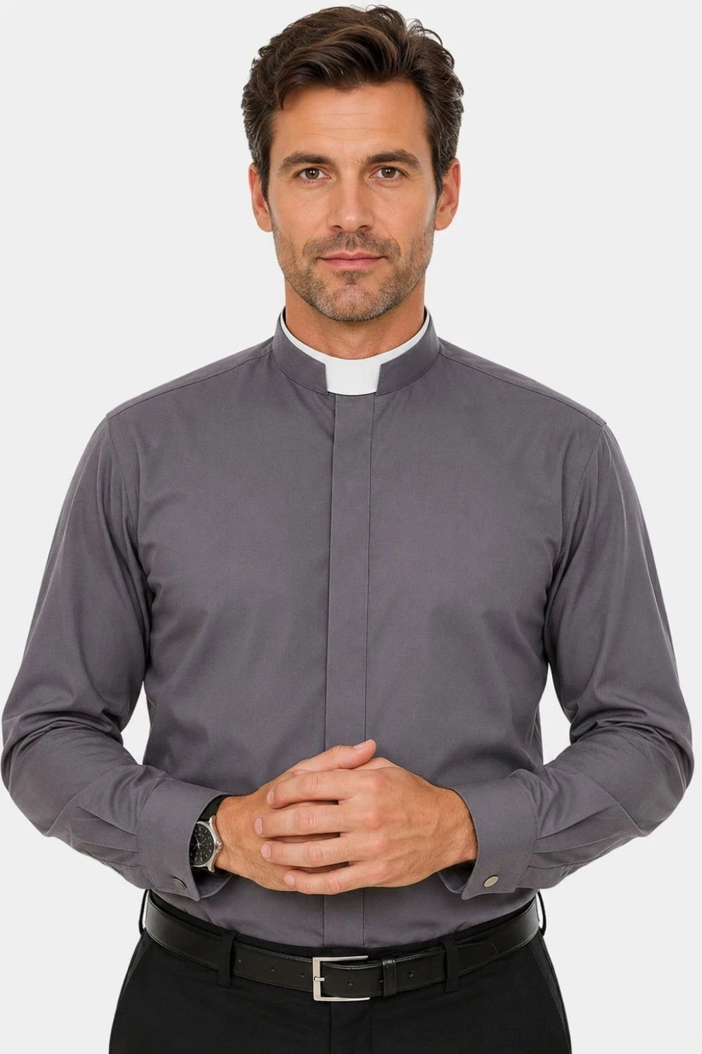 Men's Clergy Shirt Roman Collar Long Sleeve Grey Pastor Priest Church Wear