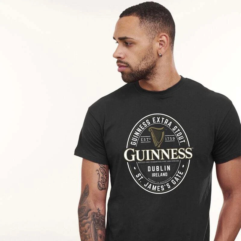 Mens T-Shirt Guinness Black with Foreign Extra Bottle Label Print Cotton