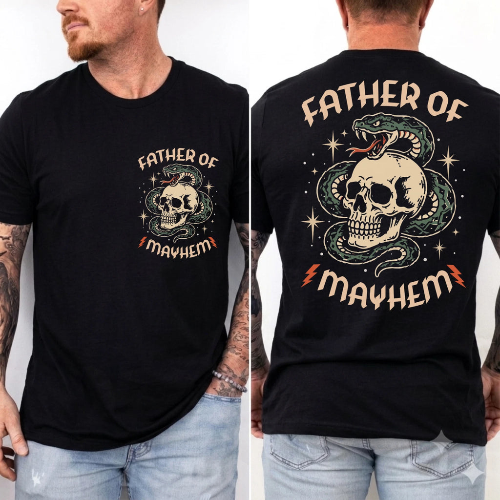 Father of Mayhem T-Shirt, Mother of Mayhem Shirt, Tattoo Style Skull Snake Tee