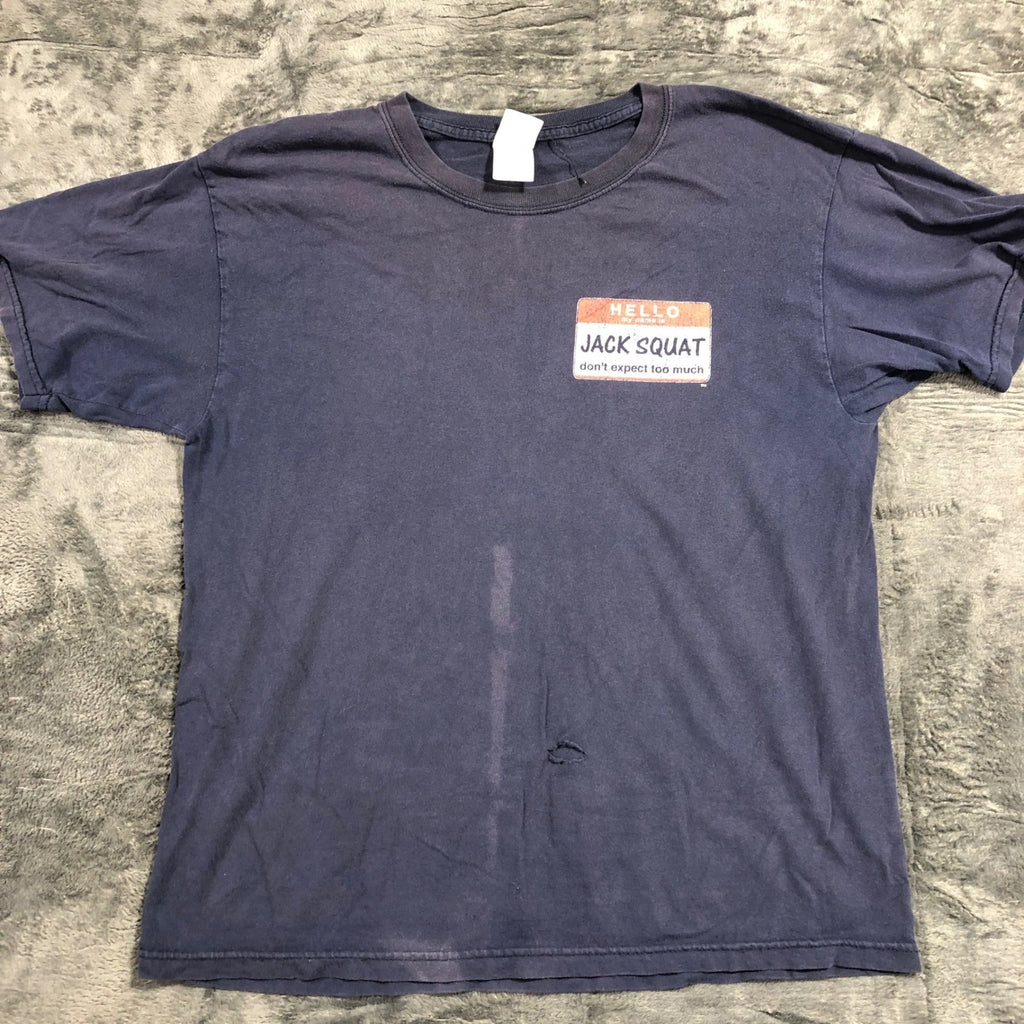 Gildan Jack Squat Graphic Tee Men Large Navy Blue Funny Sarcastic Name Tag Shirt